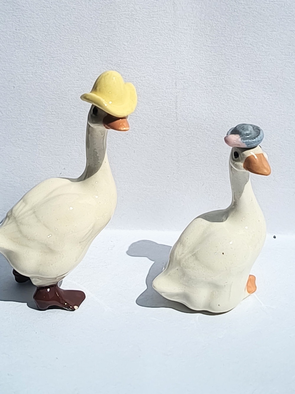 Vintage Hagen Renaker Father Goose Yellow Hat & Mother Goose Blue Hat.